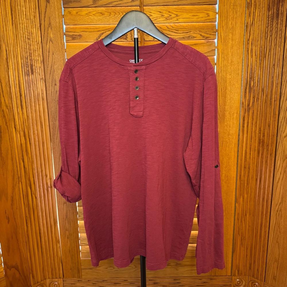 Cremieux Premium Denim Mens Large Burgundy Red Slub Cotton Roll Tab Henley Shirt